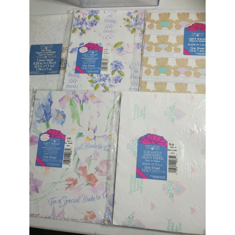Vtg 5 Packs Of Forget Me Not Wrapping Paper Bridal Shower Wedding Love Baby New